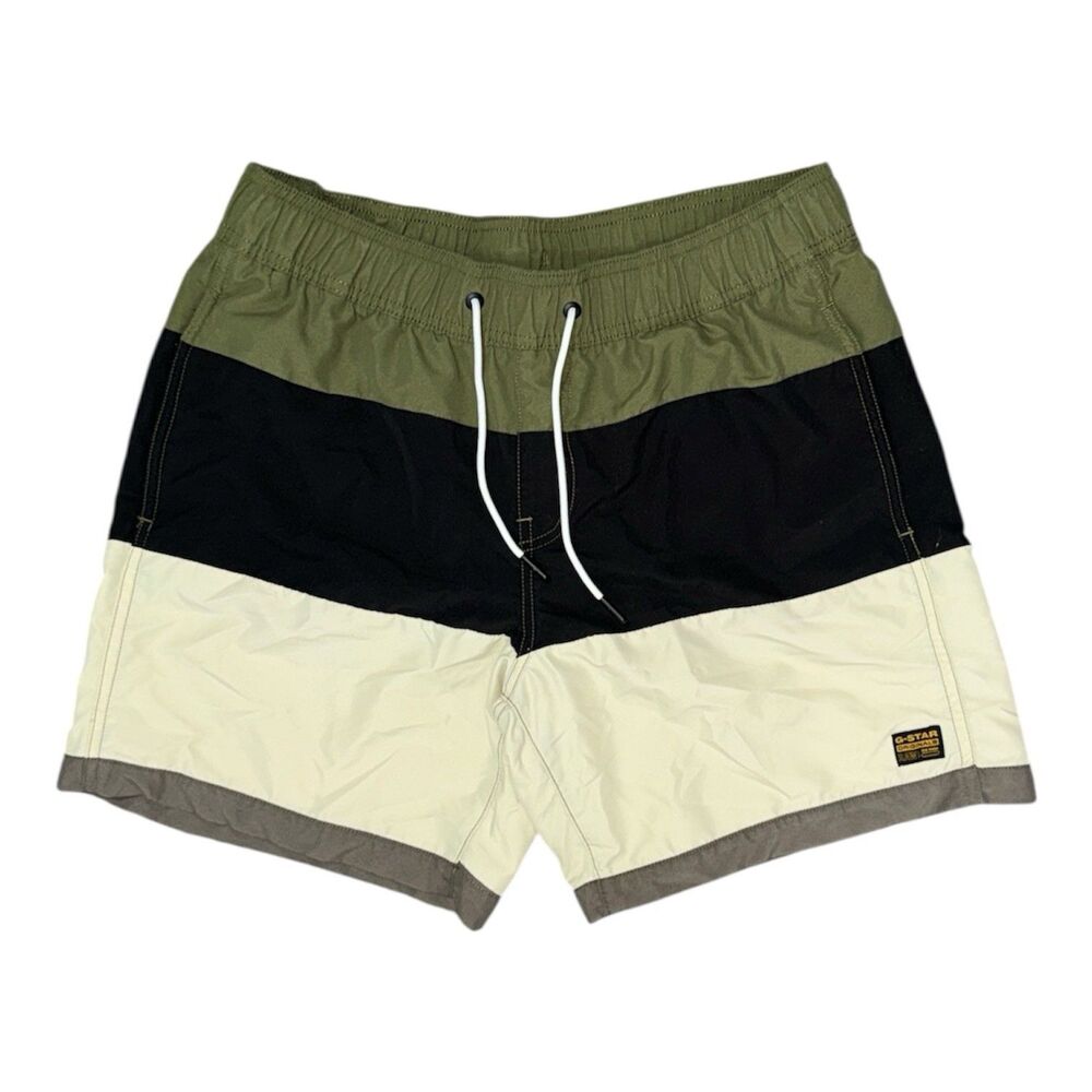 G-Star Raw Dirik Swim Shorts Color Block Logo Men’s M Olive Cream Drawstring